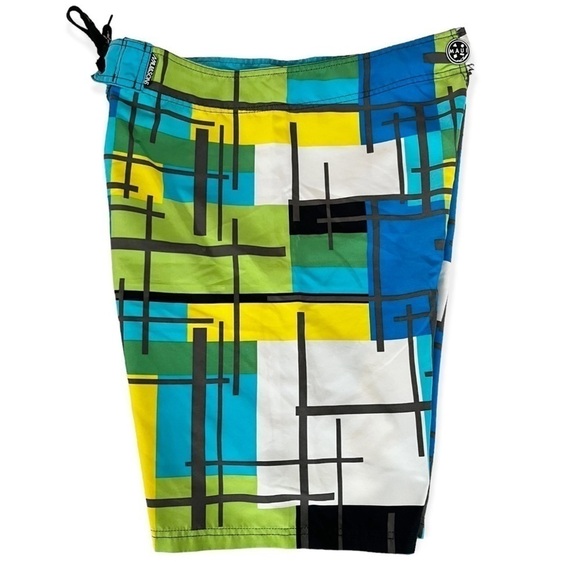 MAUI AND SONS Men's Sz 36 Blue Yellow Turquoise Black Geometric Boardshorts - Picture 4 of 6